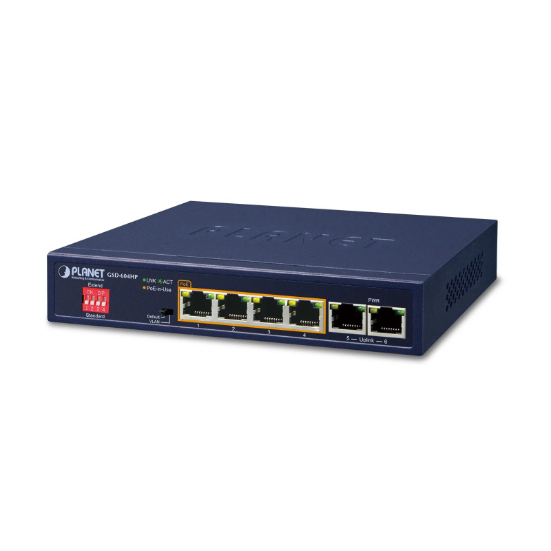 PLANET GSD-604HP neupravljivi Gigabit PoE+ preklopnik, 4× 10/100/1000BASE-T PoE+, 2× Gigabit uplink, 65W, VLAN, Extend