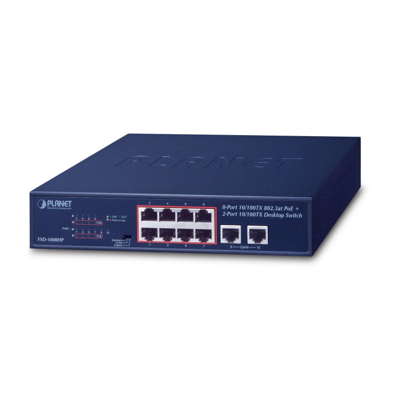 PLANET FSD-1008HP neupravljivi PoE+ mrežni preklopnik, 8× 10/100TX PoE+ 802.3af/at, 2× 10/100TX uplink, 120W, Extend 250m