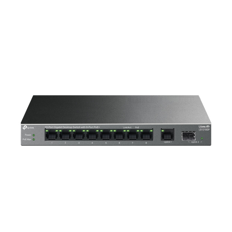 TP-Link LS1210GP neupravljivi Gigabit PoE+ mrežni preklopnik, 9× RJ45, 1× SFP, 8× PoE+, 61W