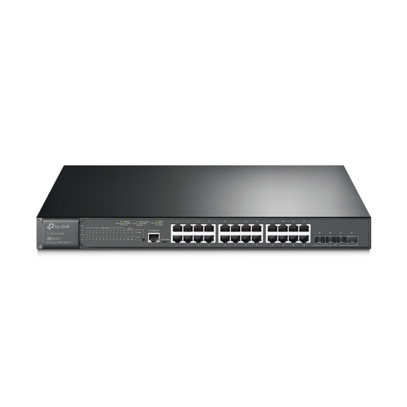 TP-Link Omada JetStream 28-port Gigabit L2+ Smart PoE+ preklopnik (Switch), 24×G-LAN, 4×10G SFP+, RJ45/microUSB console, 19″ rack-mount (384W)