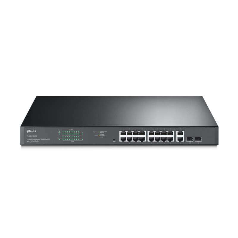 TP-Link JetStream 16-port Gigabit EasySmart PoE+ preklopnik (Switch), 16×10/100/1000M RJ45 PoE, 2×SFP Gigabit, 1U 19″ rack-mount kućište (192W)