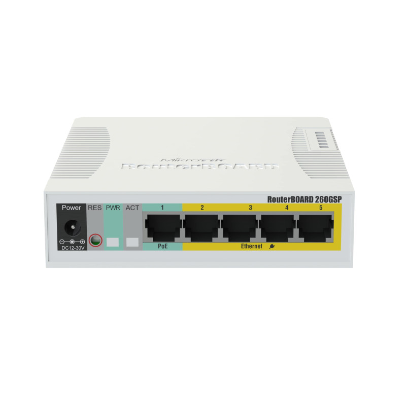 MikroTik RB260GSP (CSS106-1G-4P-1S) upravljivi Gigabit PoE preklopnik, 5x RJ45, 1x SFP, SwOS
