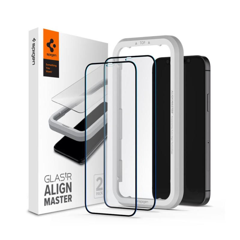 Spigen Glas tR ALM FC Black, zaštitno staklo za ekran telefona, 2 kom + okvir za instalaciju – iPhone 12 Pro Max