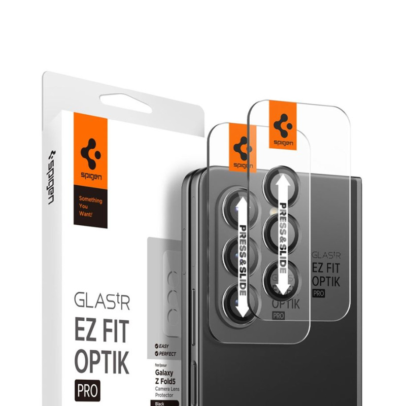 Spigen Glass tR EZ Fit Optik Pro, zaštitno staklo za kameru, 2 kom + okvir za instalaciju, crno – Samsung Galaxy Z Fold5 (AGL06524)