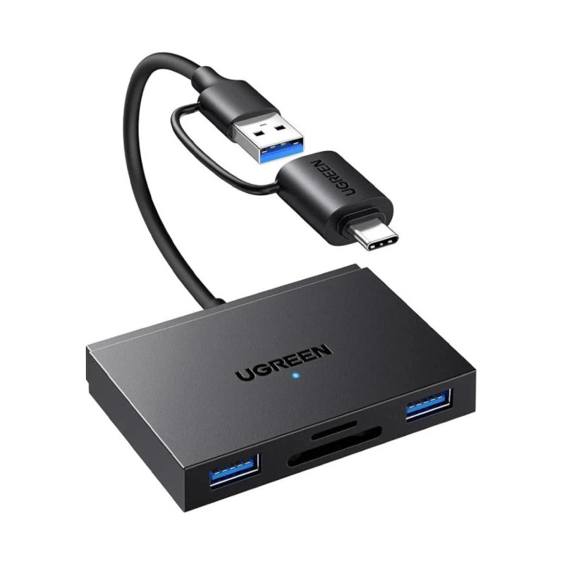 UGREEN USB HUB i čitač kartica, USB-C/USB-A na 2x USB-A 3.0, SD i microSD, 5 Gbps, crni
