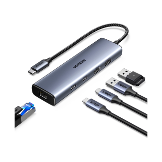 UGREEN 6-portni USB-C HUB na 1xUSB-A 3.2, 2xUSB-C 3.2, 1xUSB-A 2.0, 1xUSB-C za napajanje, 1x RJ45 konektor, sivi