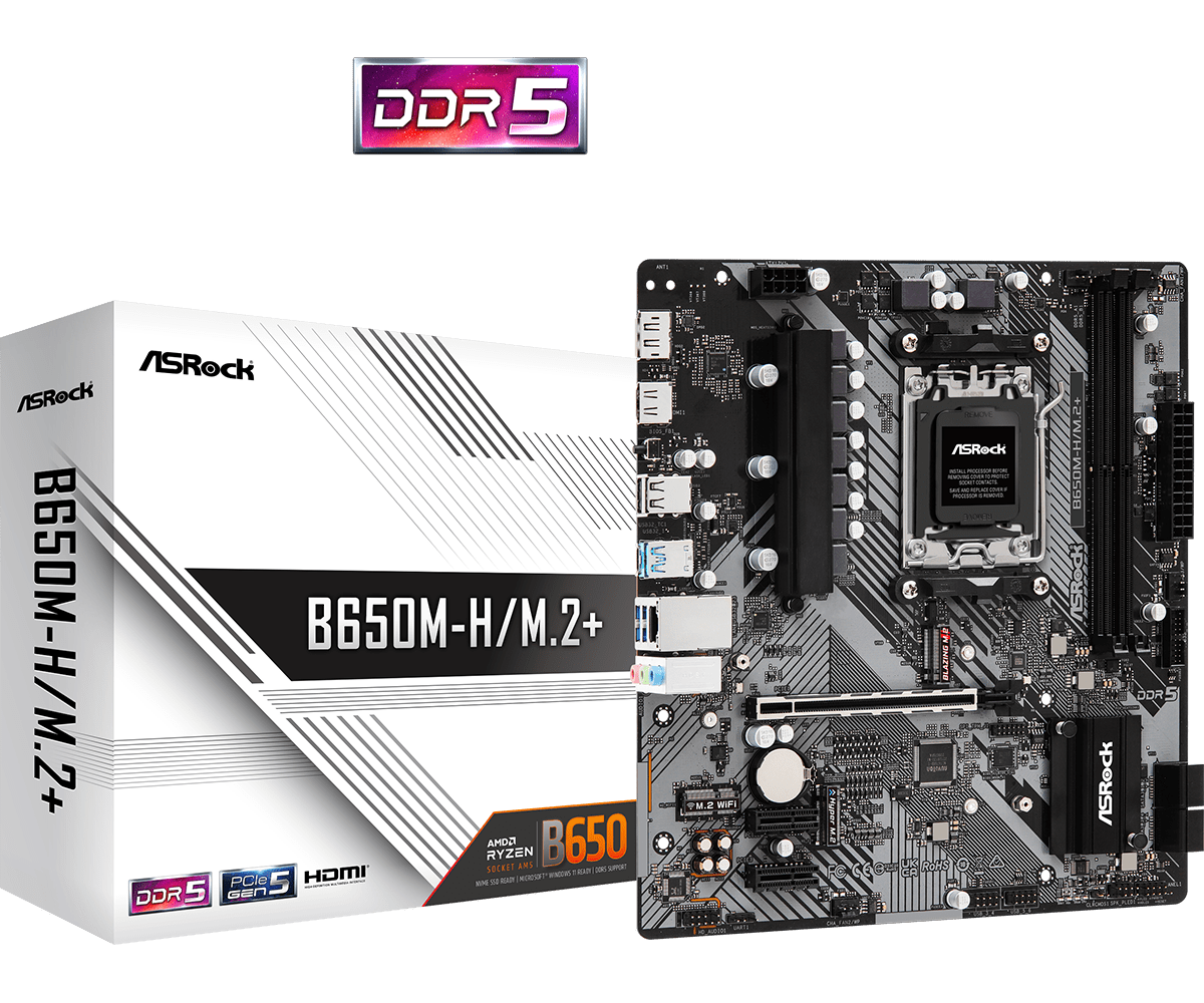 Asrock MB B650M-H/M.2+, S.AM5, 2xDDR5/6400(OC), PCIe 4.0, G-LAN, HDMI/DP, USB-C, mATX
