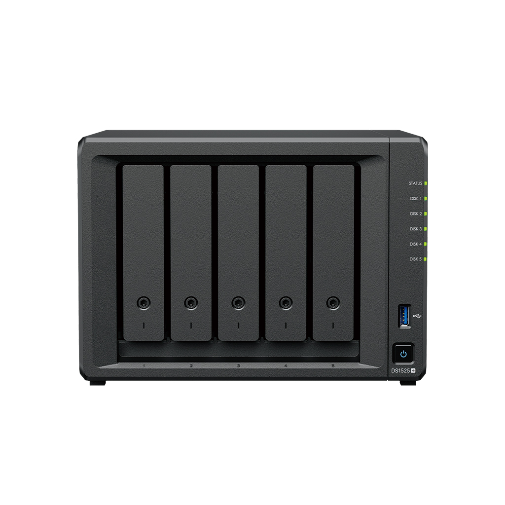 Synology DS1525+ DiskStation 5-bay NAS server, AMD Ryzen V1500B, Memory: 8 GB, LAN:2x 2.5GbE, 2x USB 3.2 Gen1, 2x USB-C