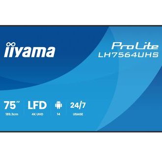 IIYAMA 75″ LH7564UHS-B1AG 4K UHD (3840×2160) VA Signage 24/7, 500 cd/m2, 5000:1, Android OS 14, iiShare, iiControl, iiSignage2