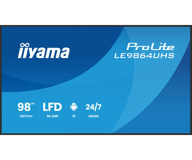 IIYAMA 98″ LE9864UHS-B1AG 4K UHD (3840×2160) VA Signage 24/7, 500 cd/m2, 5000:1, Android OS 14, iiShare, iiControl, iiSignage2