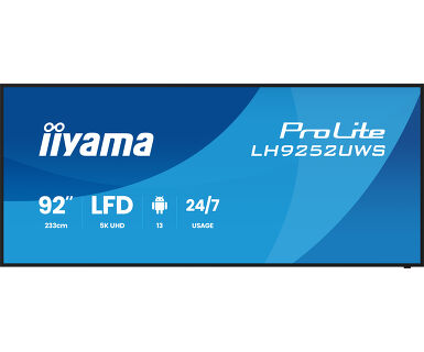 IIYAMA 92″ LH9252UWS-B1AG 5K UWD (5120×2160) VA 21:9 Signage 24/7, 500 cd/m2, 5000:1, Android OS, iiyama DMS, iiyama Share, EShare
