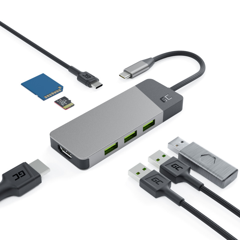 Green Cell HUB adapter 7in1 USB-C (3xUSB-A 3.1 HDMI 4K 60Hz USB-C PD 85W) – za Apple MacBook M1/M2, Lenovo X1, Asus ZenBook, Dell XPS